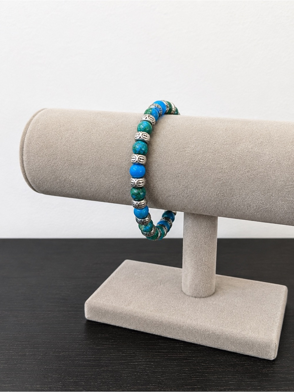 Chrysocolla Beaded Stretch Bracelet with Silver Accents